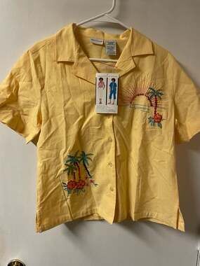 NWT Yellow 100% Cotton Embroidered Sequin Tropical Palm Tree Camp Shirt